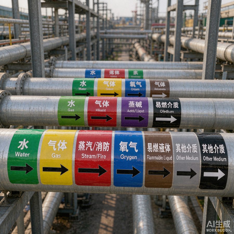 PTP507管道标识贴在工业管廊上的多色介质标识与流向箭头