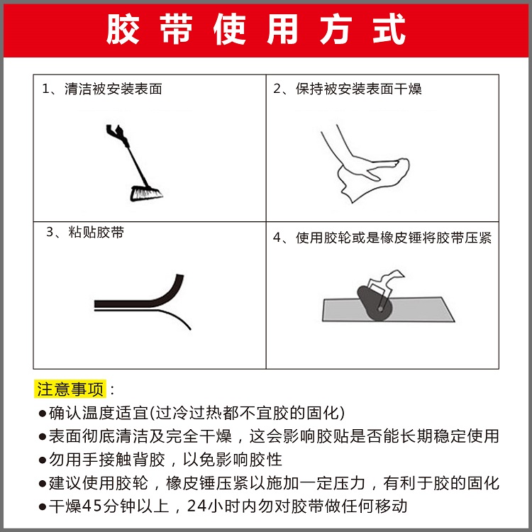 蓄光夜光警示胶带 施工方法示意(清洁、干燥、粘贴、压实)