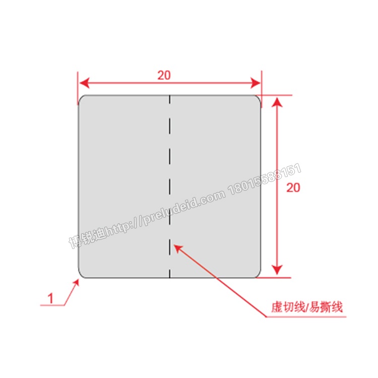 TH220-408-1.5B 尺寸图 20x20mm R角1mm 中缝虚切线