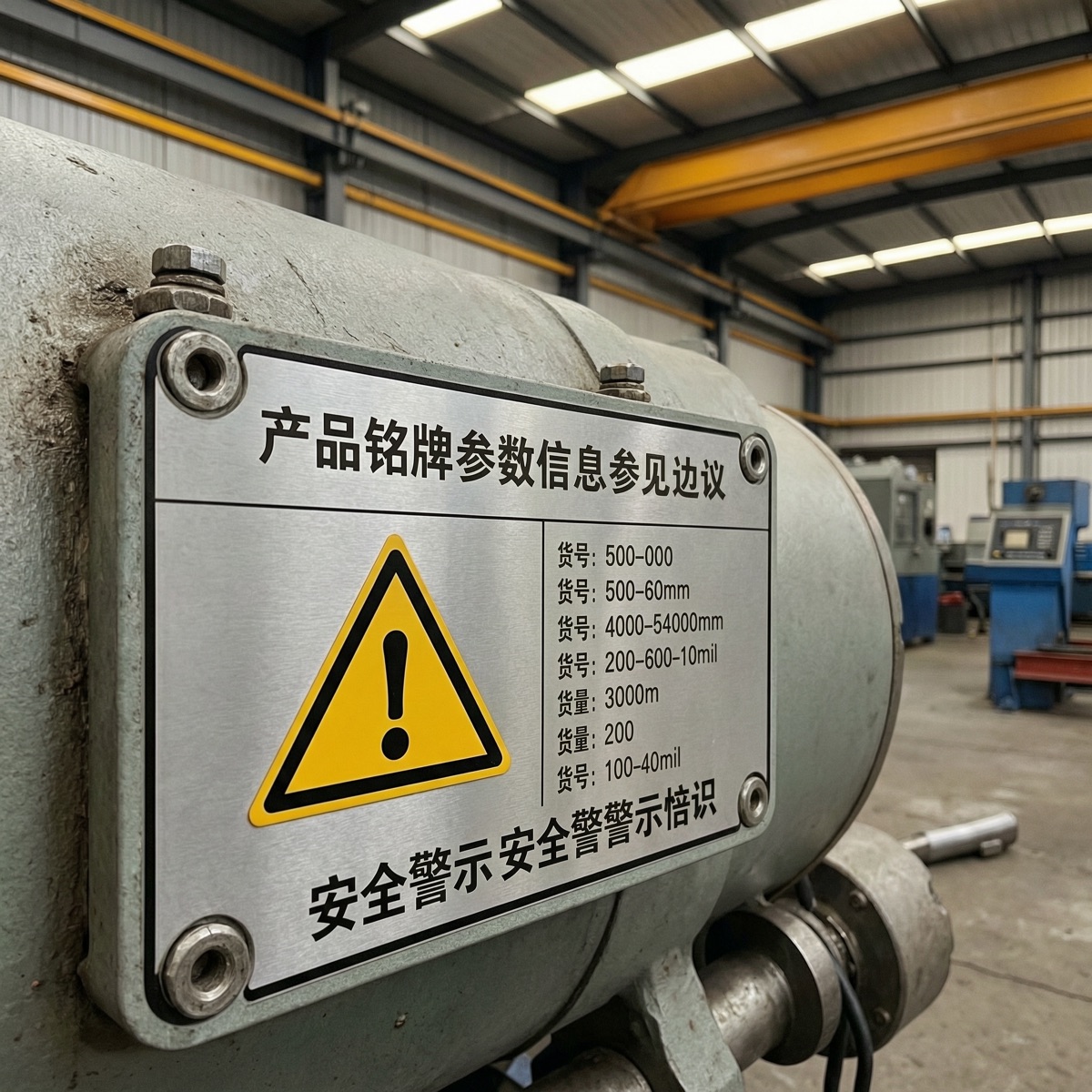 设备铭牌参数信息与安全警示标识特写
