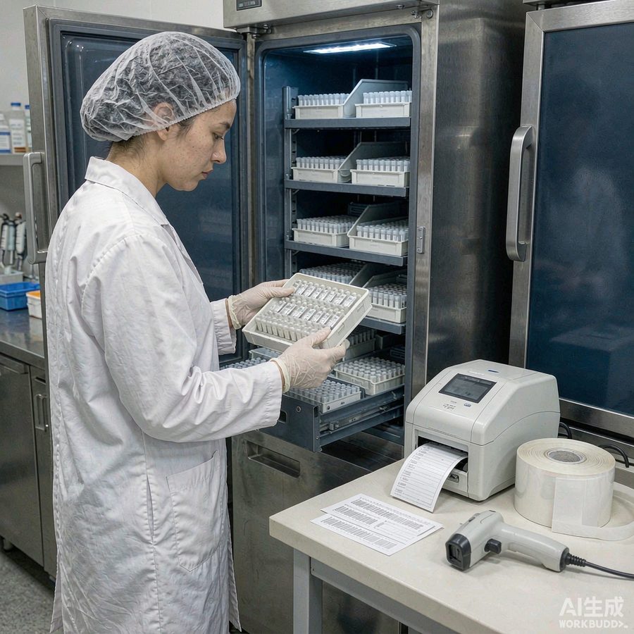 生物样本库盘点现场:技术人员在开启的超低温冰箱前核对冻存盒中冻存管的条码标签,工作台上放着条码扫描枪、桌面热转印标签打印机、哑白色PET冻存管标签卷材与刚打印出的备用标签